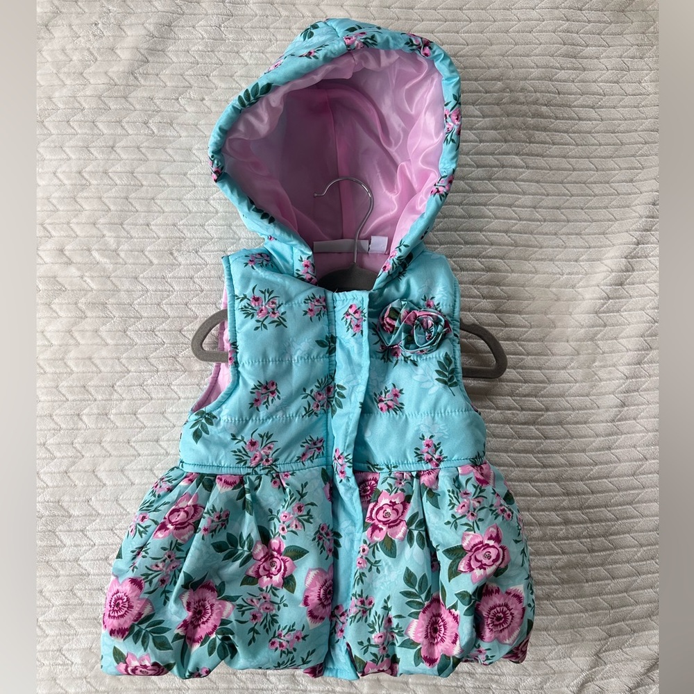 Puffy Vest | Turquoise, Floral Design | 18 months